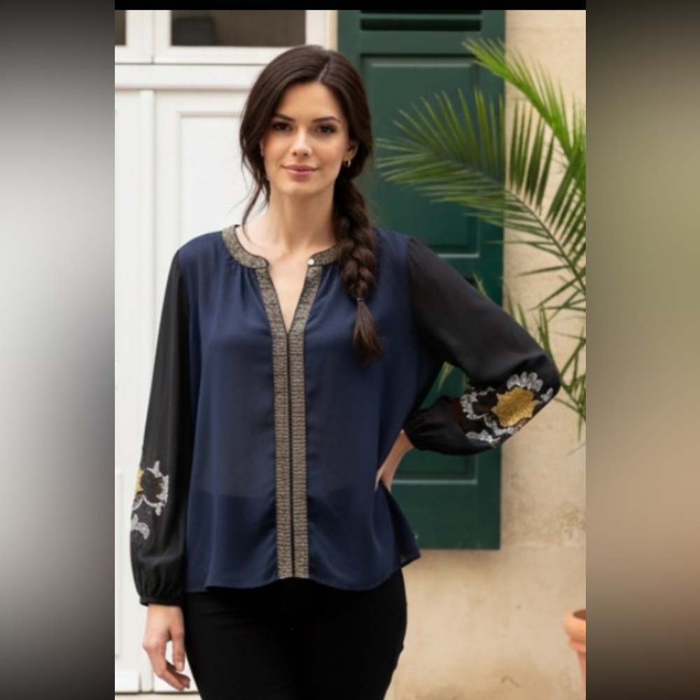 VANESSA VIRGINIA Embroidered Blouse Boho Black Blue Sheer Anthropologie Large - Picture 11 of 11